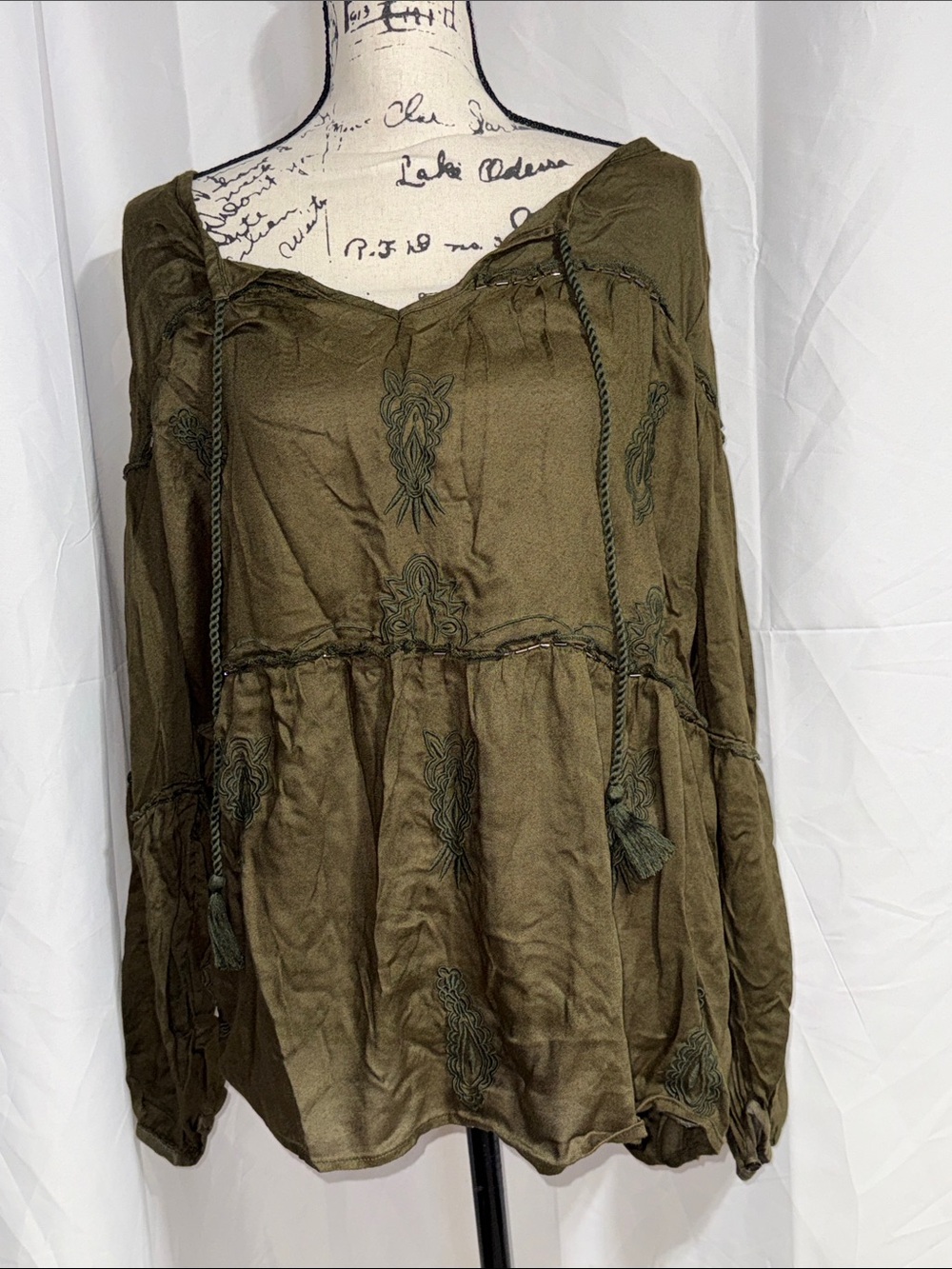 Land Bryant Olive Green Embroidered Boho Peasant Tunic